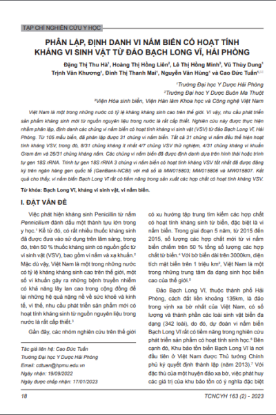 Phân lập, định danh vi nấm biển có hoạt tính kháng vi sinh vật từ đảo Bạch Long Vĩ, Hải Phòng