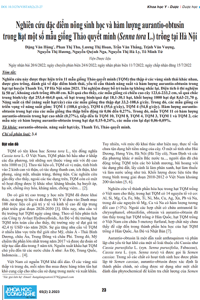 Nghiên cứu đặc điểm nông sinh học và hàm lượng aurantio-obtusin trong hạt một số mẫu giống Thảo quyết minh (Senna tora L.) trồng tại Hà Nội