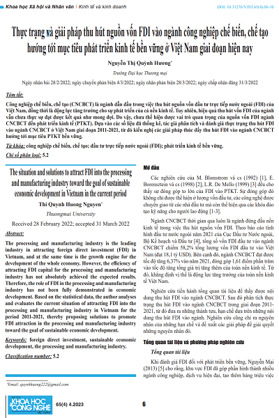 Thực trạng và giải pháp thu hút nguồn vốn FDI vào ngành công nghiệp chế biến, chế tạo hướng tới mục tiêu phát triển kinh tế bền vững ở Việt Nam giai đoạn hiện nay