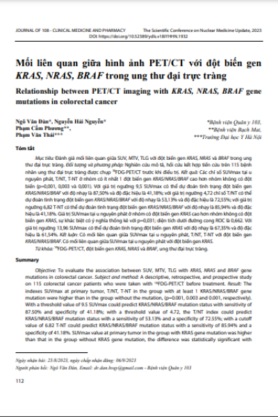 Mối liên quan giữa hình ảnh PET/CT với đột biến gen KRAS, NRAS, BRAF trong ung thư đại trực tràng