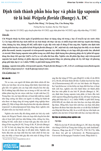 Định tính thành phần hóa học và phân lập saponin từ lá loài Weigela florida (Bunge) A. DC