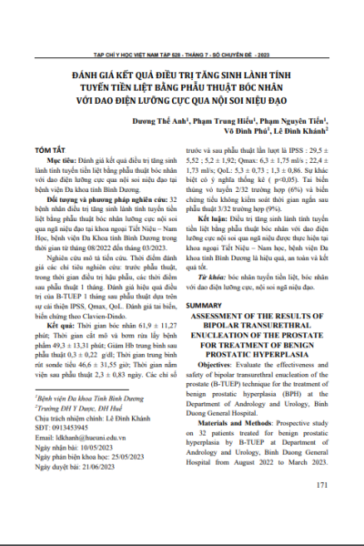 Đánh giá kết quả điều trị tăng sinh lành tính tuyến tiền liệt bằng phẫu thuật bóc nhân với dao điện lưỡng cực qua nội soi niệu đạo