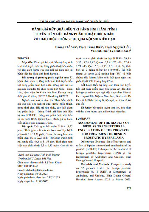 Đánh giá kết quả điều trị tăng sinh lành tính tuyến tiền liệt bằng phẫu thuật bóc nhân với dao điện lưỡng cực qua nội soi niệu đạo