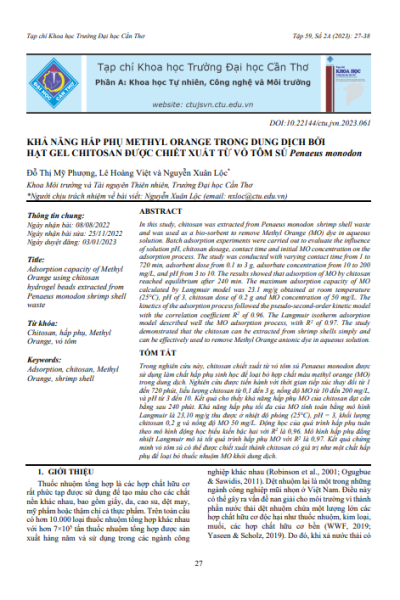 Khả năng hấp phụ Methyl Orange trong dung dịch bởi hạt gel chitosan được chiết xuất từ vỏ tôm sú Penaeus monodon
