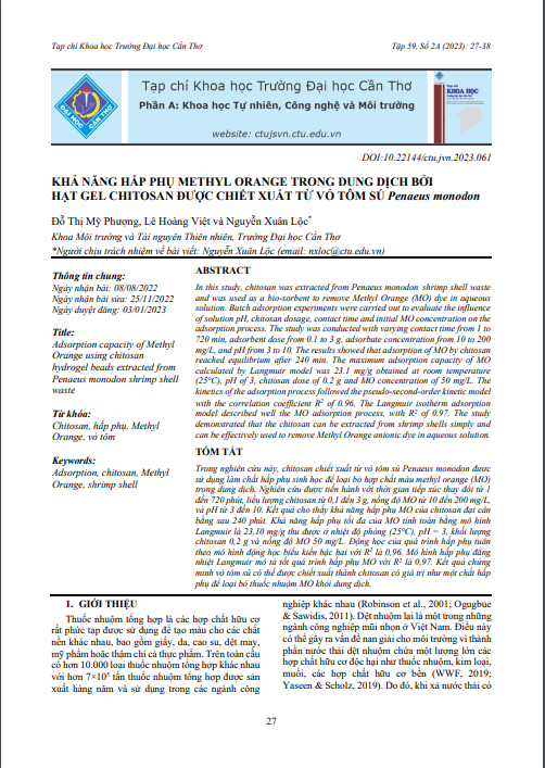 Khả năng hấp phụ Methyl Orange trong dung dịch bởi hạt gel chitosan được chiết xuất từ vỏ tôm sú Penaeus monodon