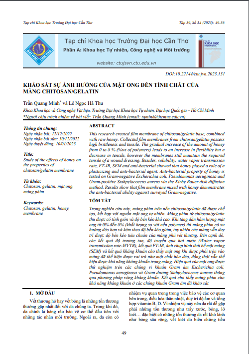 Khảo sát sự ảnh hưởng của mật ong đến tính chất của màng chitosan/gelatin