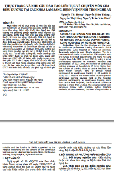 Thực trạng và nhu cầu đào tạo liên tục về chuyên môn của điều dưỡng tại các khoa lâm sàng, bệnh viện phổi tỉnh Nghệ An