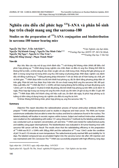 Nghiên cứu điều chế phức hợp 131I-ANA và phân bố sinh học trên chuột mang ung thư sarcoma-180