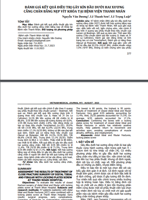 Đánh giá kết quả điều trị gãy kín đầu dưới hai xương cẳng chân bằng nẹp vít khóa tại Bệnh viện Thanh Nhàn