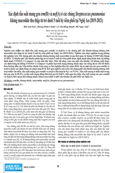 Xác định tần suất mang gen erm(B) và mef(A) ở các chủng Streptococcus pneumoniae kháng macrolide thu thập từ trẻ dưới 5 tuổi bị viêm phổi tại Nghệ An (2019-2021)
