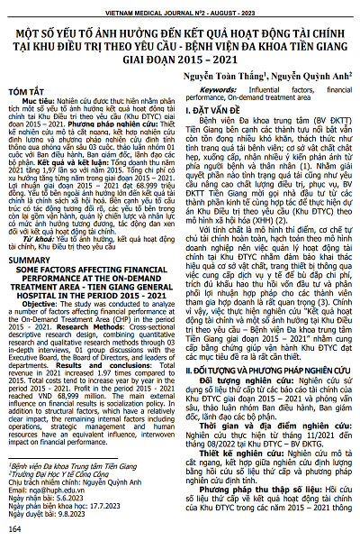 MỘT SỐ YẾU TỐ ẢNH HƯỞNG ĐẾN KẾT QUẢ HOẠT ĐỘNG TÀI CHÍNH TẠI KHU ĐIỀU TRỊ THEO YÊU CẦU - BỆNH VIỆN ĐA KHOA TIỀN GIANG GIAI ĐOẠN 2015 – 2021