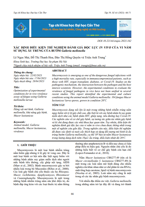 Xác định điều kiện thí nghiệm đánh giá độc lực in vivo của vi nấm sử dụng ấu trùng của bướm Galleria mellonella