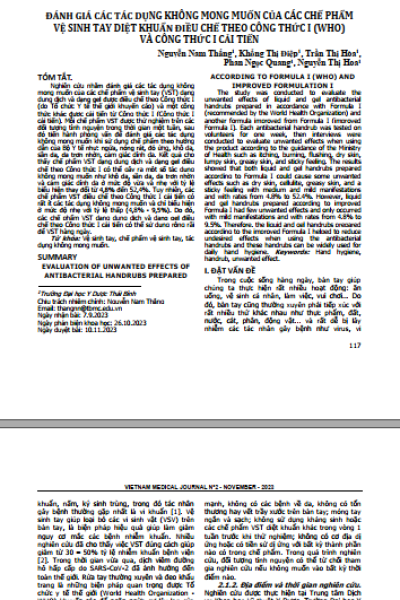 Đánh giá các tác dụng không mong muốn của các chế phẩm vệ sinh tay diệt khuẩn điều chế theo công thức I (WHO) và công thức I cải tiến