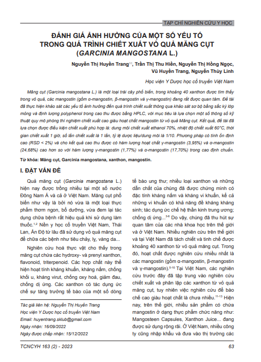 Đánh giá ảnh hưởng của một số yếu tố trong quá trình chiết xuất vỏ quả măng cụt (Garcinia mangostana L.)
