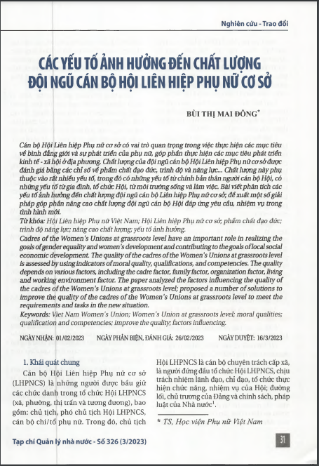 Các yếu tố ảnh hưởng đến chất lượng đội ngũ cán bộ Hội Liên hiệp Phụ nữ cơ sở