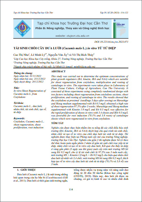 Tái sinh chồi cây dưa lưới (Cucumis melo L.) in vitro từ tử diệp