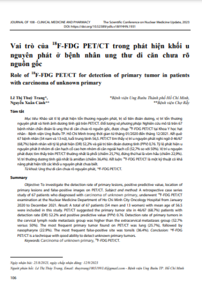 Vai trò của 18F-FDG PET/CT trong phát hiện khối u nguyên phát ở bệnh nhân ung thư di căn chưa rõ nguồn gốc