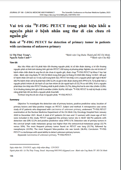 Vai trò của 18F-FDG PET/CT trong phát hiện khối u nguyên phát ở bệnh nhân ung thư di căn chưa rõ nguồn gốc