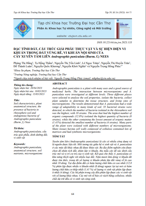 Đặc tính đất, cấu trúc giải phẫu thực vật và sự hiện diện vi khuẩn trong đất vùng rễ, vi khuẩn nội sinh của cây Xuyên tâm liên Andrographis paniculata (Burm. f.) Nees