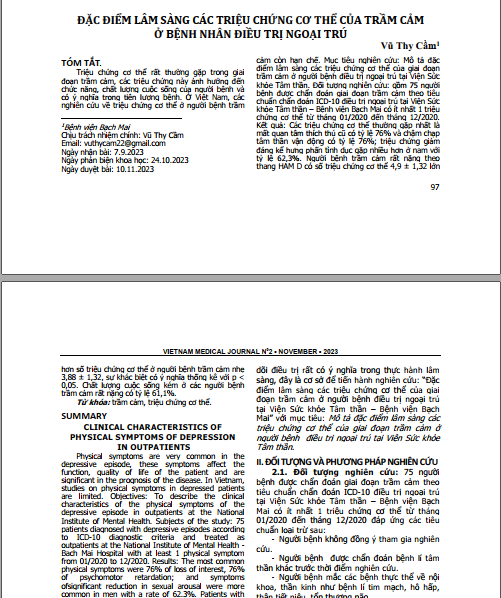 Đặc điểm lâm sàng các triệu chứng cơ thể của trầm cảm ở bệnh nhân điều trị ngoại trú