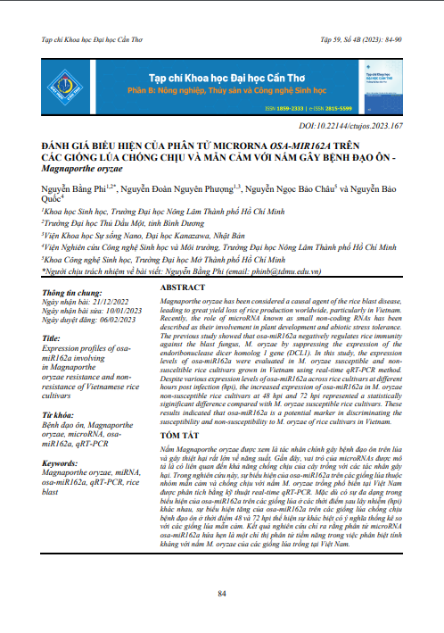 Đánh giá biểu hiện của phân tử Microrna Osa-mir162a trên các giống lúa chống chịu và mẫn cảm với nấm gây bệnh đạo ôn - Magnaporthe oryzae