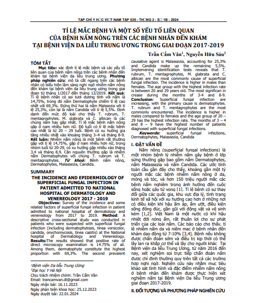 Tỉ lệ mắc bệnh và một số yếu tố liên quan của bệnh nấm nông trên các bệnh nhân đến khám tại Bệnh viện Da liễu Trung ương trong giai đoạn 2017-2019