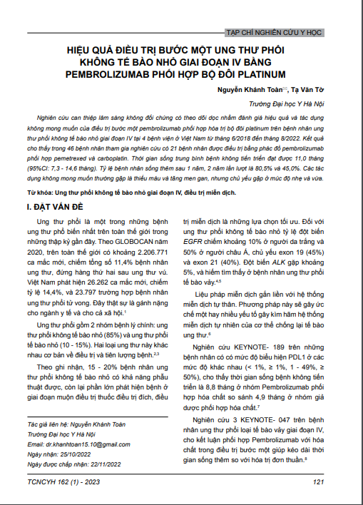 Hiệu quả điều trị bước một ung thư phổi không tế bào nhỏ giai đoạn IV bằng pembrolizumab phối hợp bộ đôi platinum