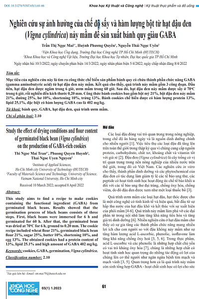 Nghiên cứu sự ảnh hưởng của chế độ sấy và hàm lượng bột từ hạt đậu đen (Vigna cylindrica) nảy mầm để sản xuất bánh quy giàu GABA