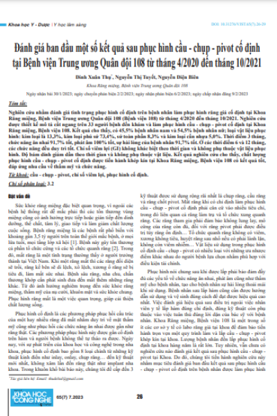 Đánh giá ban đầu một số kết quả sau phục hình cầu - chụp - pivot cố định tại Bệnh viện Trung ương Quân đội 108 từ tháng 4/2020 đến tháng 10/2021