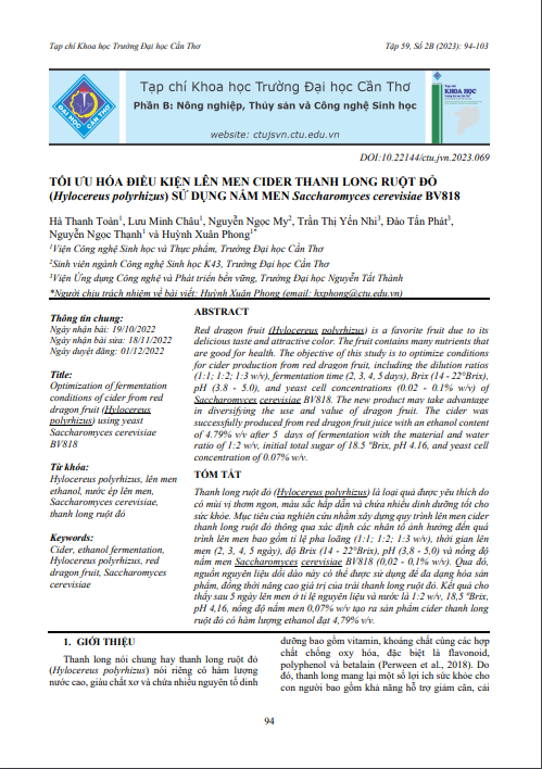 Tối ưu hóa điều kiện lên men cider thanh long ruột đỏ (Hylocereus polyrhizus) sử dụng nấm men Saccharomyces cerevisiae BV818