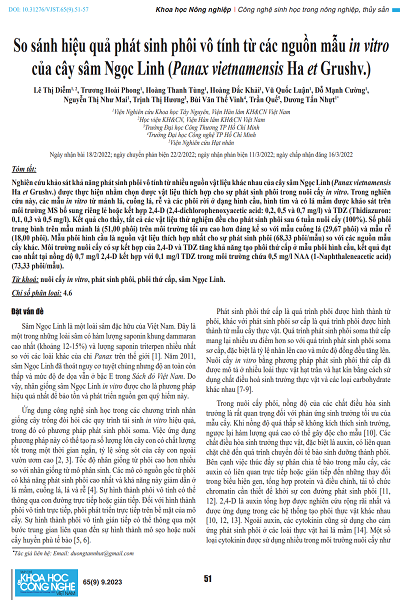 So sánh hiệu quả phát sinh phôi vô tính từ các nguồn mẫu in vitro của cây sâm Ngọc Linh (Panax vietnamensis Ha et Grushv.)