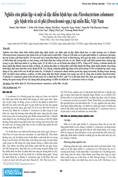 Nghiên cứu phân lập và một số đặc điểm bệnh học của Flavobacterium columnare gây bệnh trên cá rô phi (Oreochromis spp.) tại miền Bắc, Việt Nam