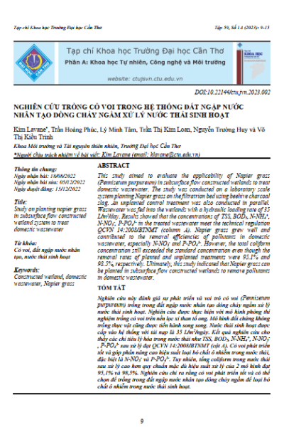 Nghiên cứu trồng cỏ voi trong hệ thống đất ngập nước nhân tạo dòng chảy ngầm xử lý nước thải sinh hoạt