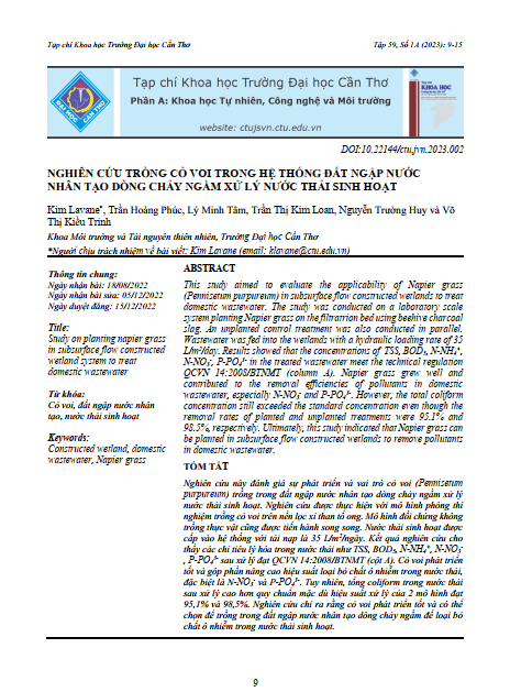 Nghiên cứu trồng cỏ voi trong hệ thống đất ngập nước nhân tạo dòng chảy ngầm xử lý nước thải sinh hoạt