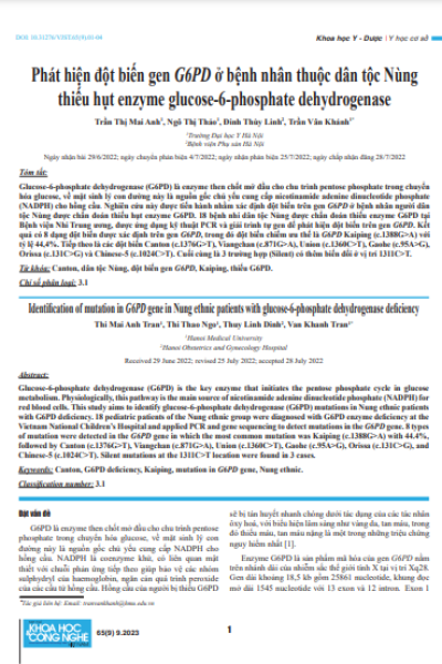 Phát hiện đột biến gen G6PD ở bệnh nhân thuộc dân tộc Nùng thiếu hụt enzyme glucose-6-phosphate dehydrogenase