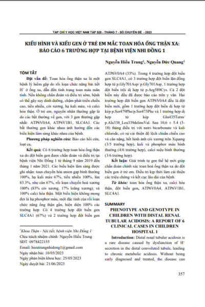 Kiểu hình và kiểu gen ở trẻ em mắc toan hóa ống thận xa: Báo cáo 6 trường hợp tại Bệnh viện Nhi Đồng 1