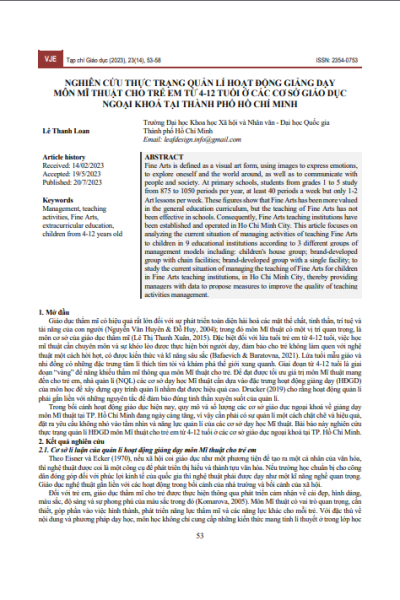 Nghiên cứu thực trạng quản lí hoạt động giảng dạy môn Mĩ thuật cho trẻ em từ 4-12 tuổi ở các cơ sở giáo dục ngoại khoá tại Thành phố Hồ Chí Minh
