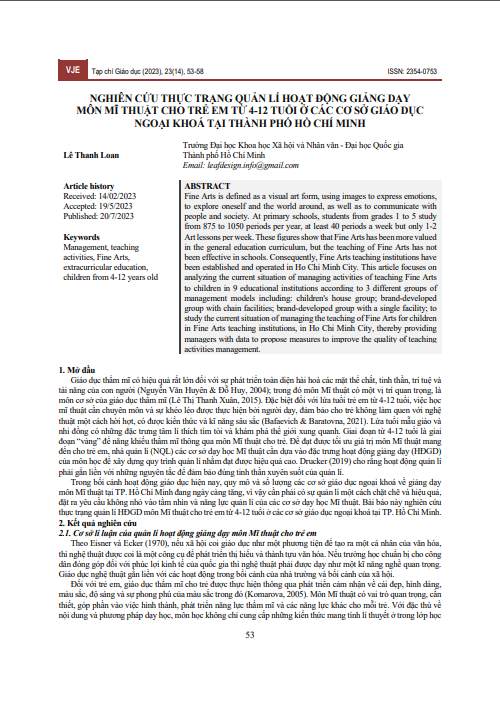 Nghiên cứu thực trạng quản lí hoạt động giảng dạy môn Mĩ thuật cho trẻ em từ 4-12 tuổi ở các cơ sở giáo dục ngoại khoá tại Thành phố Hồ Chí Minh