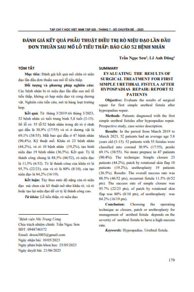 Đánh giá kết quả phẫu thuật điều trị rò niệu đạo lần đầu đơn thuần sau mổ lỗ tiểu thấp: Báo cáo 52 bệnh nhân