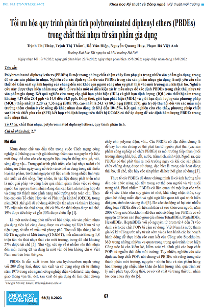 Tối ưu hóa quy trình phân tích polybrominated diphenyl ethers (PBDEs) trong chất thải nhựa từ sản phẩm gia dụng