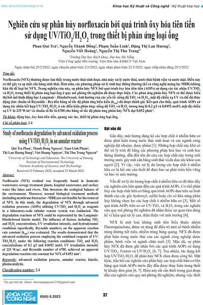 Nghiên cứu sự phân hủy norfloxacin bởi quá trình ôxy hóa tiên tiến sử dụng UV/TiO2 /H2 O2  trong thiết bị phản ứng loại ống