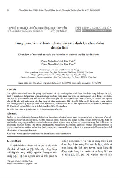 Tổng quan các mô hình nghiên cứu về ý định lựa chọn điểm đến du lịch