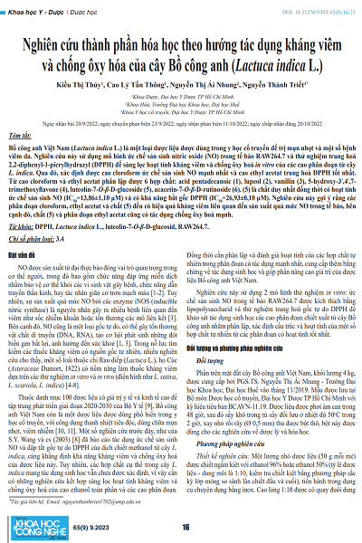 Nghiên cứu thành phần hóa học theo hướng tác dụng kháng viêm và chống ôxy hóa của cây Bồ công anh (Lactuca indica L.)