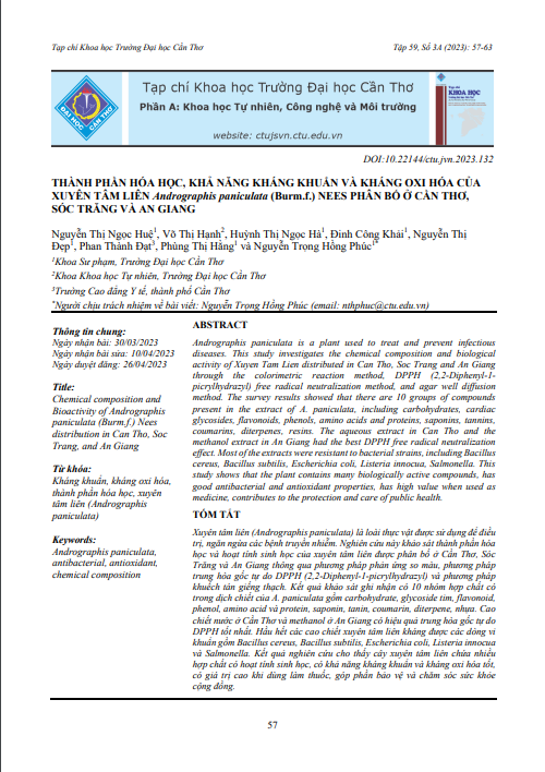 Thành phần hóa học, khả năng kháng khuẩn và kháng oxi hóa của Xuyên tâm liên Andrographis paniculata (Burm.f.) nees phân bố ở Cần Thơ, Sóc Trăng và An Giang