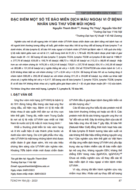 Đặc điểm một số tế bào miễn dịch máu ngoại vi ở bệnh nhân ung thư vòm mũi họng
