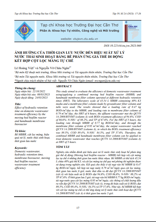 Ảnh hưởng của thời gian lưu nước đến hiệu suất xử lý nước thải sinh hoạt bằng bể phản ứng giá thể di động kết hợp cột lọc màng tự chế