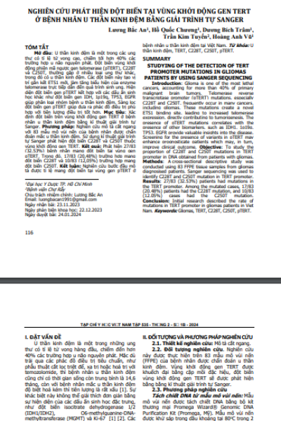 Nghiên cứu phát hiện đột biến tại vùng khởi động gen TERT ở bệnh nhân u thần kinh đệm bằng giải trình tự Sanger
