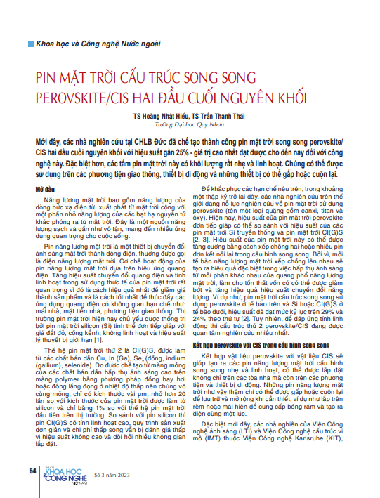 Pin mặt trời cấu trúc song song perovskite/cis hai đầu cuối nguyên khối