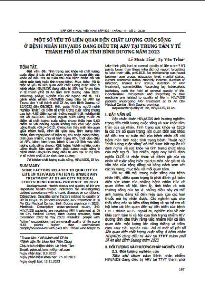 Một số yếu tố liên quan đến chất lượng cuộc sống ở bệnh nhân hiv/aids đang điều trị arv tại trung tâm y tế thành phố Dĩ An tỉnh Bình Dương năm 2023