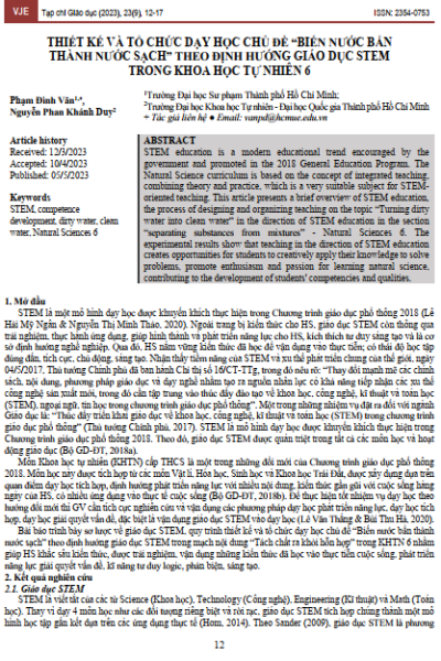 Thiết kế và tổ chức dạy học chủ đề “Biến nước bẩn thành nước sạch” theo định hướng giáo dục STEM trong Khoa học tự nhiên 6
